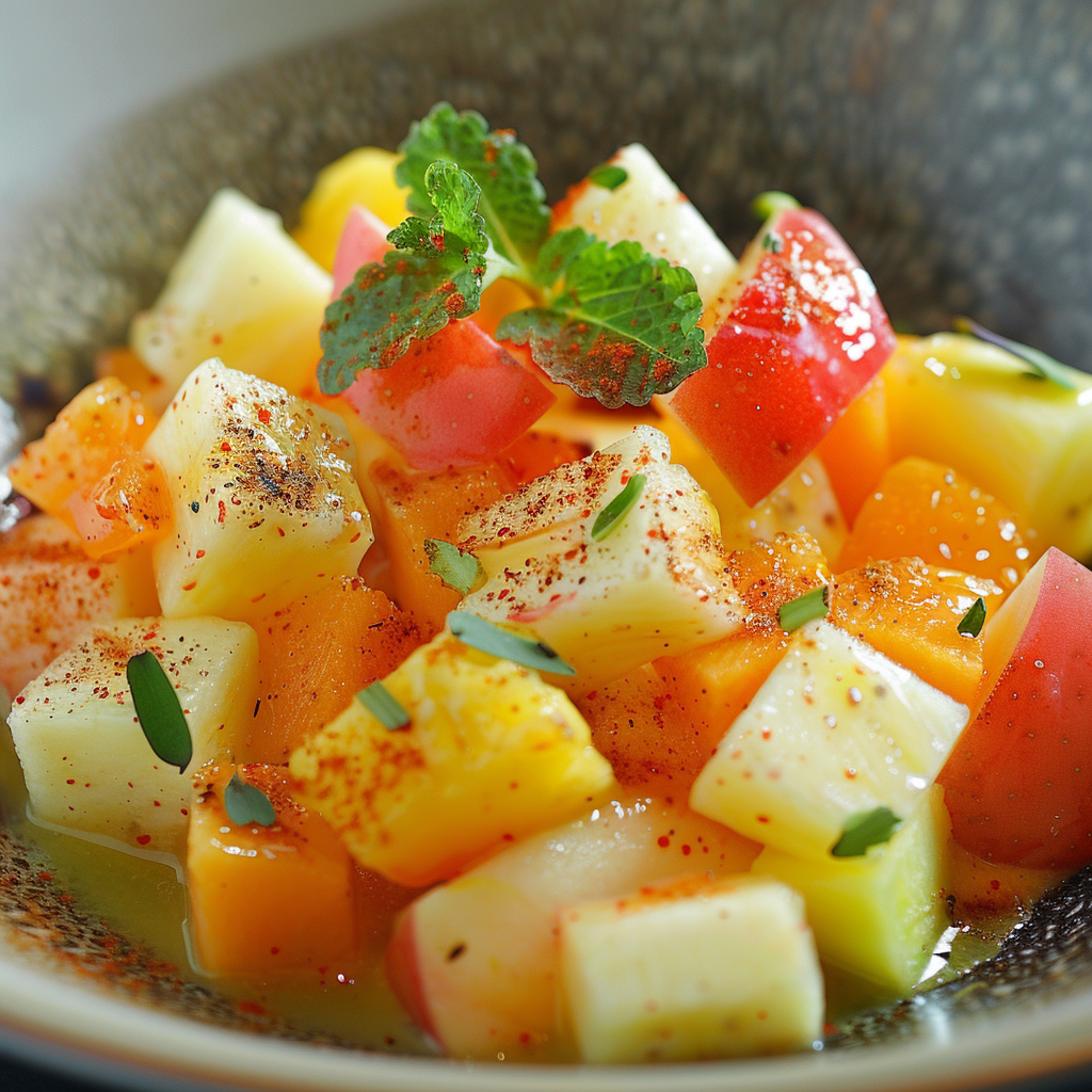 salade de fruits, pomme, cannelle, menthe, banane, ananas, fruits de la passion, vanille