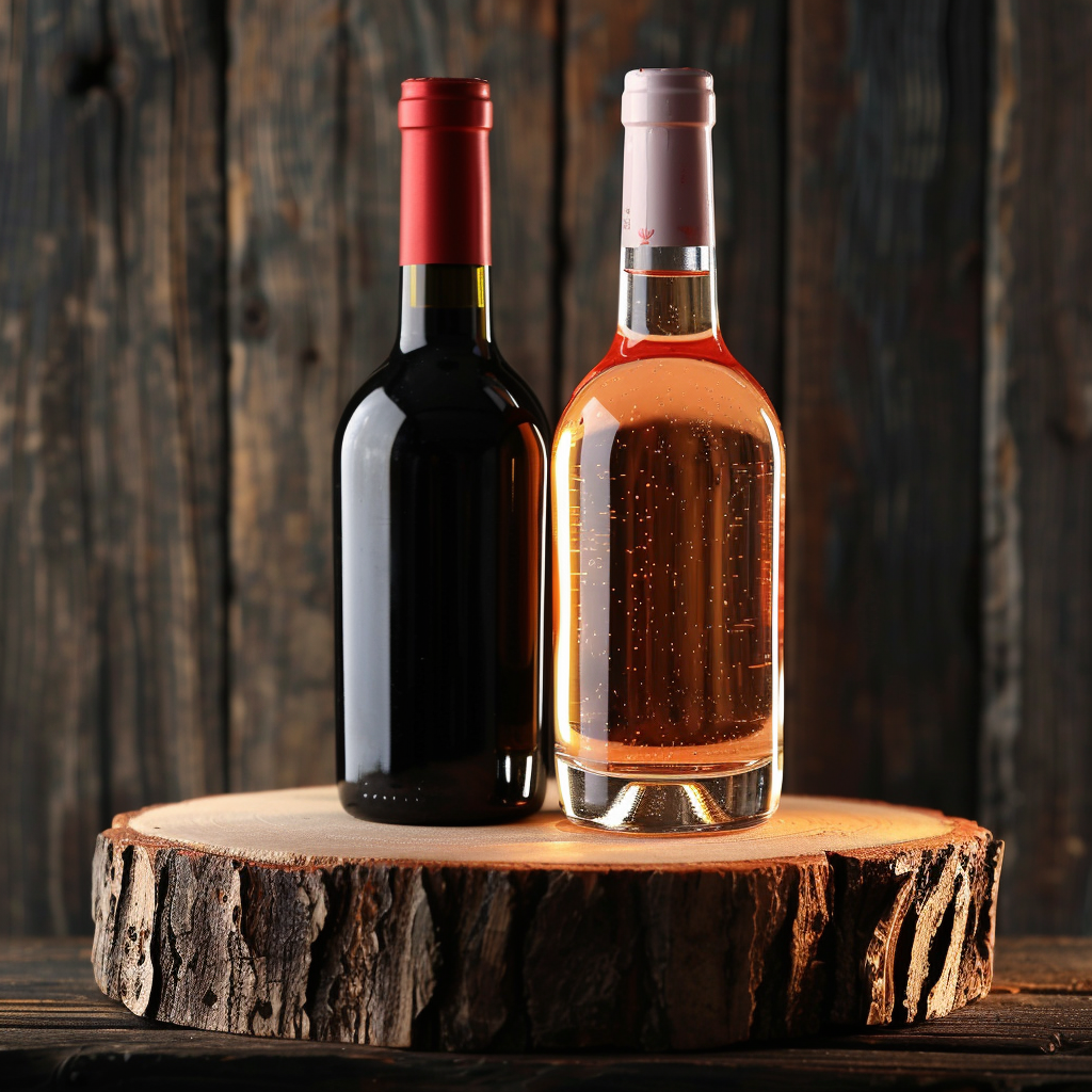 Duo bouteille de vin rouge et rosé sur une rondelle de bois